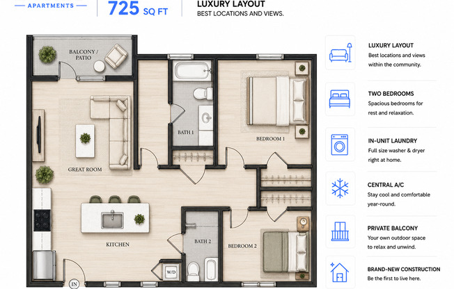 2 beds, 2 baths, 725 sqft, $2,995, Unit 3301