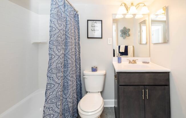 Bathroom with a white sink and toilet next to a shower at Fairbrook Park, Maryland