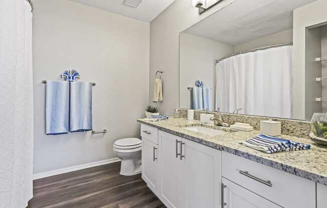 Bathroom with Grey Hardwood Style Flooring with Shower and Tub