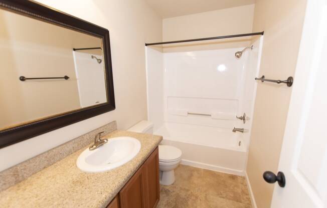 View of bathroom with vanity space, large mirror, toilet, and tub shower combo