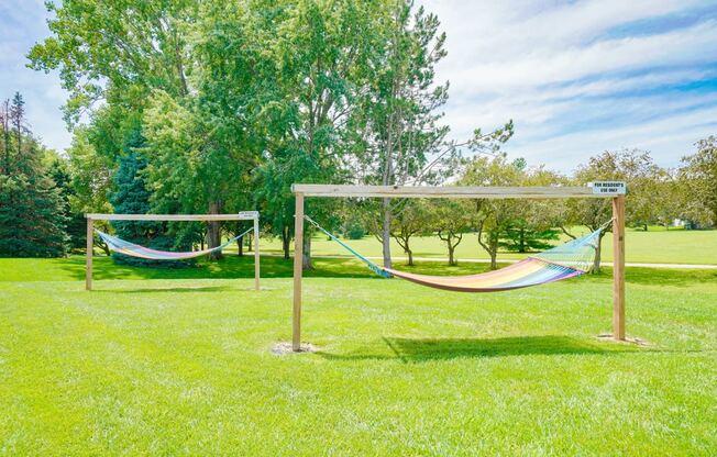 a pair of hammocks in a grassy area