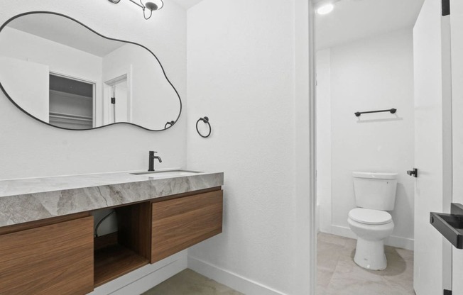 a bathroom with a sink and a toilet and a mirror