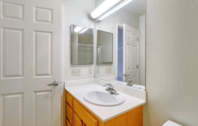 A bathroom with a white sink and a mirror above it.