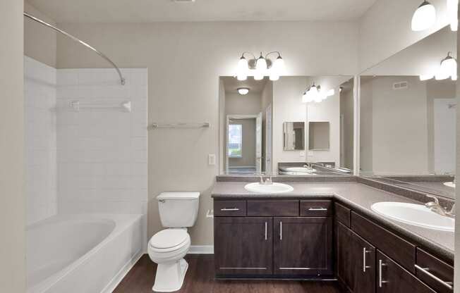 a bathroom with a bathtub toilet sink and mirror