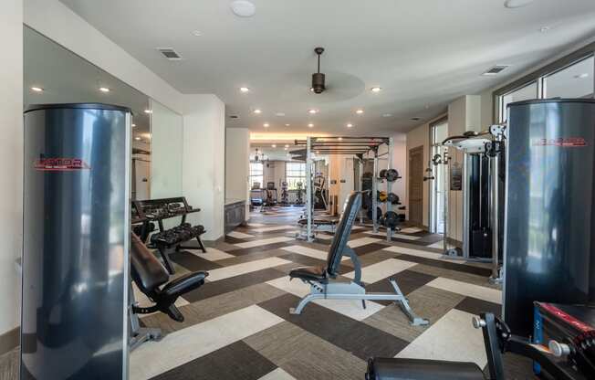 a gym with cardio machines and weights on a checkered floor