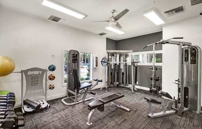 A gym with a variety of equipment including a treadmill, weights, and a bench.