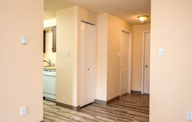 A hallway with a kitchen visible through the doorway.