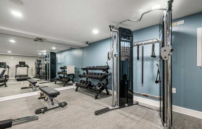 a gym with weights and cardio equipment and blue walls