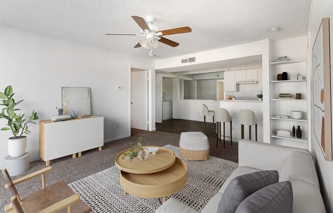 Model living room with ceiling fan