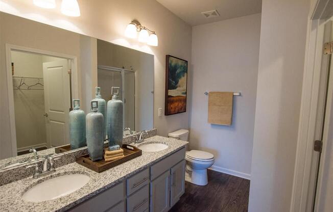 a bathroom with two sinks and a toilet