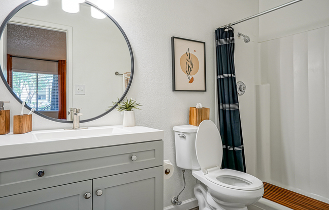 Modern vanity in platinum bathroom interior at Treehouse in Albuquerque, New Mexico