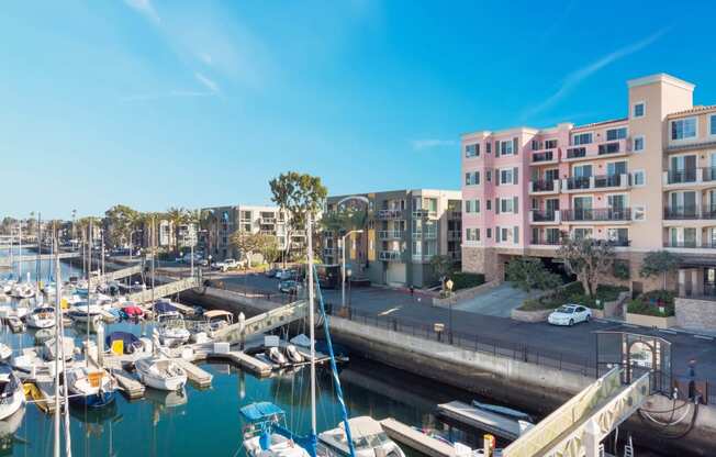 a view of a marina with boats and buildings  at Marina Harbor, Marina del Rey