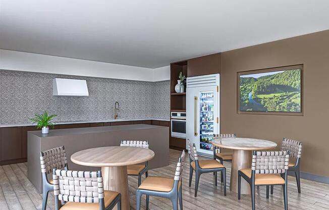 A dining area with a table and chairs.