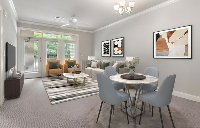 a living room and dining room with a table and chairs at The Villagio Apartments, Fayetteville, 28303
