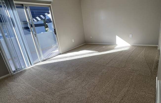 an empty living room with a sliding glass door and carpet