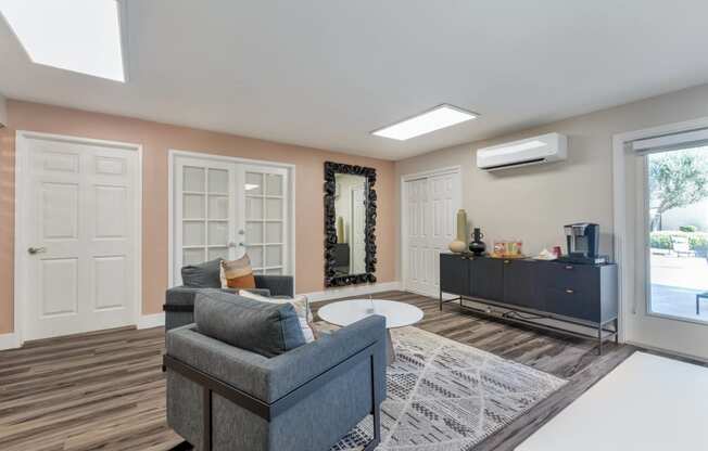 a living room with a couch and a coffee table
