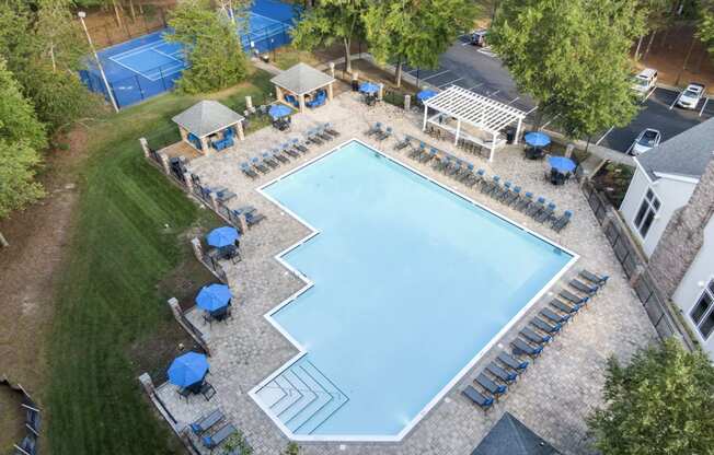arial view of a pool with chairs and tables around it at Trails at Short Pump Apartments, Richmond, VA