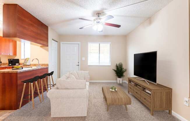 A living room with a bar area and a television.