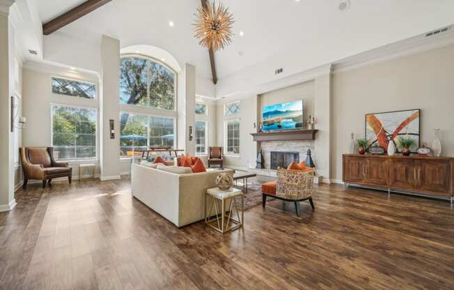 a living room with a couch and a fireplace
