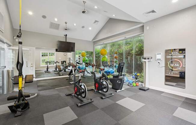 A gym with a variety of exercise equipment including a treadmill, stationary bike, and rowing machine.