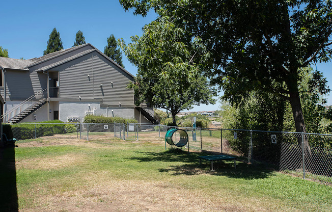 A dog park with a green tunnel and a grey house in the background at Sunset Summit, Rocklin, CA, 95765