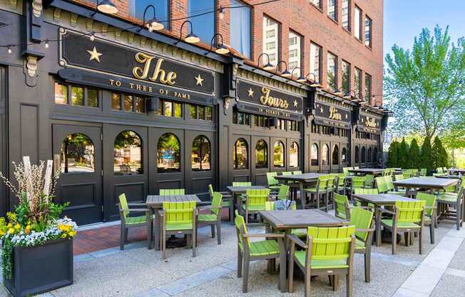 The restaurant has tables and chairs outside.