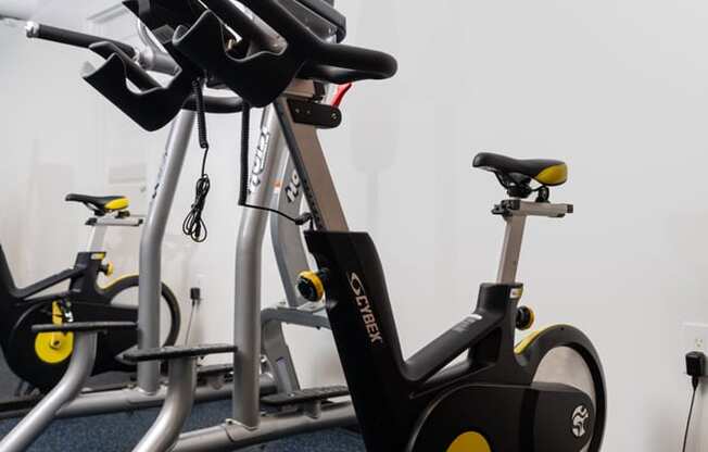 a group of exercise bikes in a gym