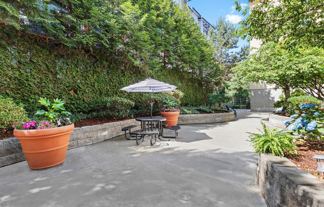 Resident Seating Area in Outdoor Lounge with Well-Landscaped Areas and Shaded Patio Table at Promenade at the Park Apartment Homes, Seattle, WA
