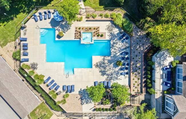 arial view of a swimming pool in a backyard with lounge chairs and trees