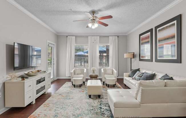 A living room with a white couch, a television, and a rug.