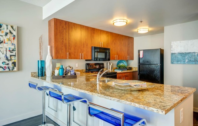 Gourmet kitchens with Giallo St. Cecilia Gold granite countertops and cherry cabinetry with chrome hardware at The Zenith, Baltimore