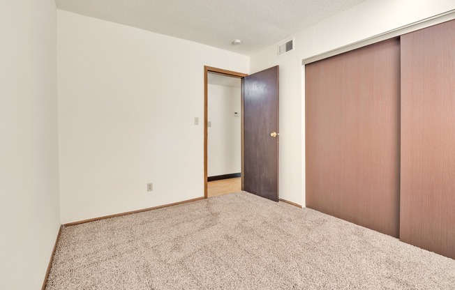 A room with a carpeted floor and two brown doors.