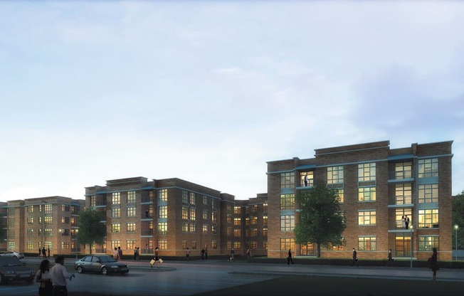 a rendering of a five story building with many windows and a parking lot in front of it  at The Sheffield Englewood, Englewood, NJ