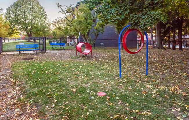 a park with two blue benches and two red and blue hoops at Fifteen 98 Naperville, Illinois