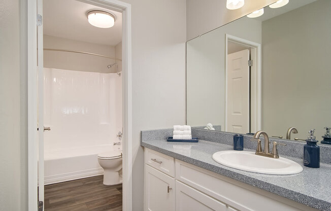 Western Toilet, Shower In Bathroom at St. Charles Oaks Apartments, Thousand Oaks, California