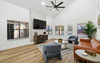 A living room with a grey armchair, a brown leather couch, a wooden coffee table, and a flat screen TV mounted on the wall.