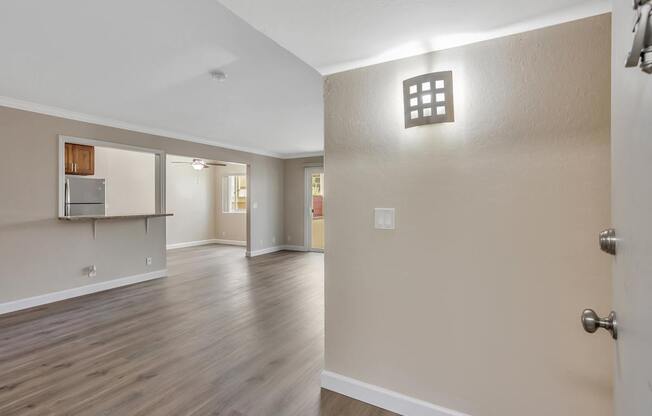 A room with a wooden floor and a white door.