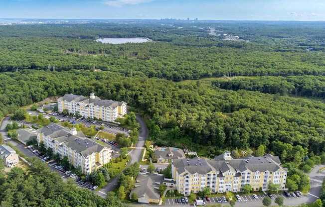 A bird's eye view of a resort surrounded by trees.