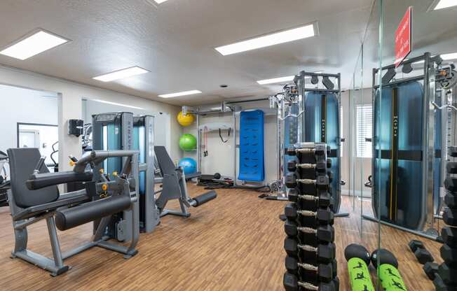 a gym with weights and cardio equipment on the floor and a mirrored wall