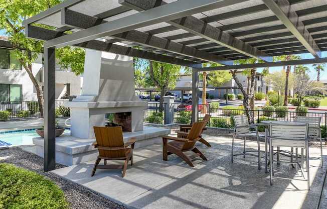 outdoor patio and fireside retreat at Avora apartmetns