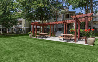 a grassy area with picnic tables and a pergola