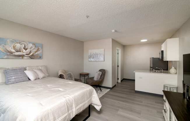 a bedroom with a bed and a desk and a kitchen