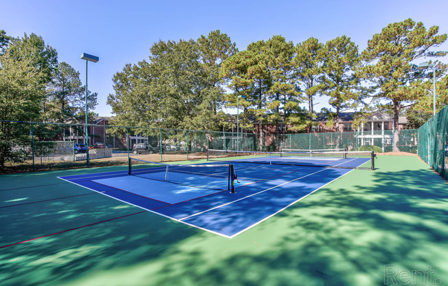 a blue and green tennis court with trees in the background
