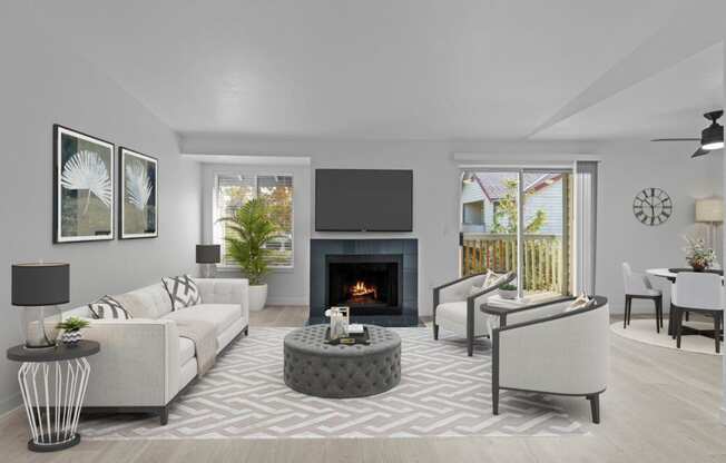 Elevate Apartments in Lynwood, Washington Model Living Room with Fireplace