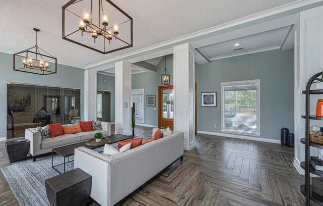 a living room with blue walls and a white couch