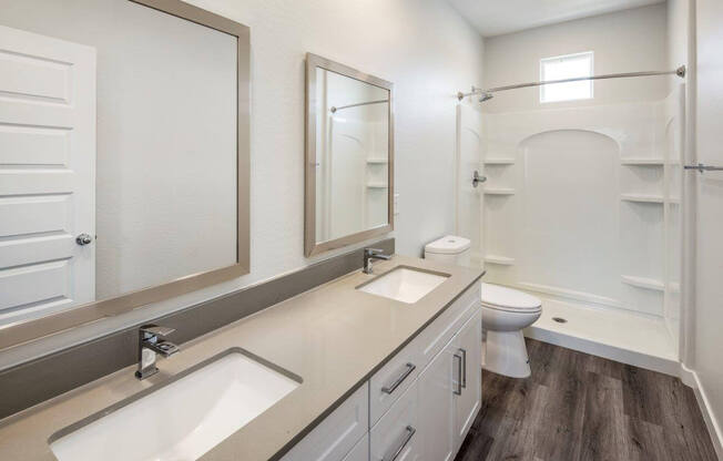 Model bathroom with dual-sink vanity