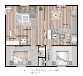 2 beds, 1 bath, 789 sqft, $1,326