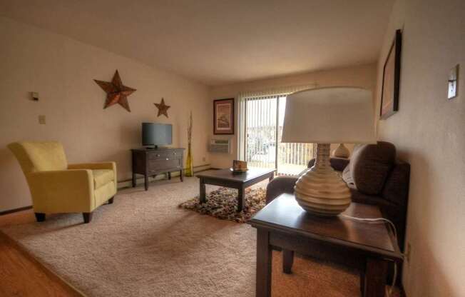 a living room with a couch and a table