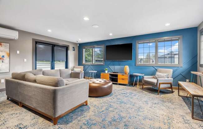 A living room with a grey sofa and a blue carpet.
