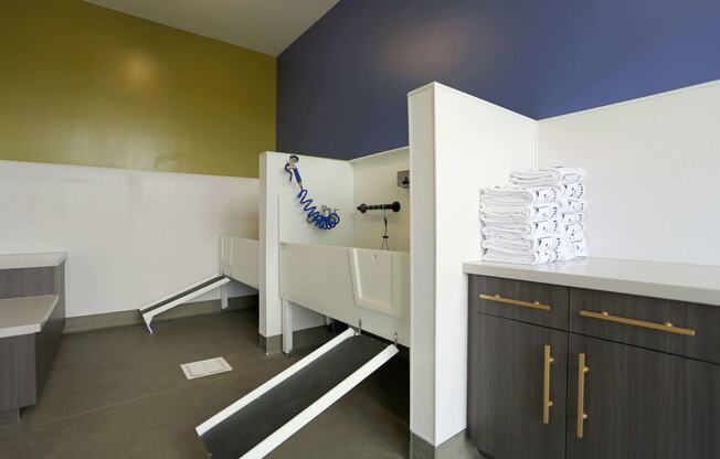 Sleek community dog wash and grooming station with ramps up to the sinks for your pet.